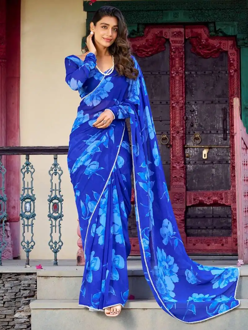 Blue floral printed chiffon office wear saree with blouse