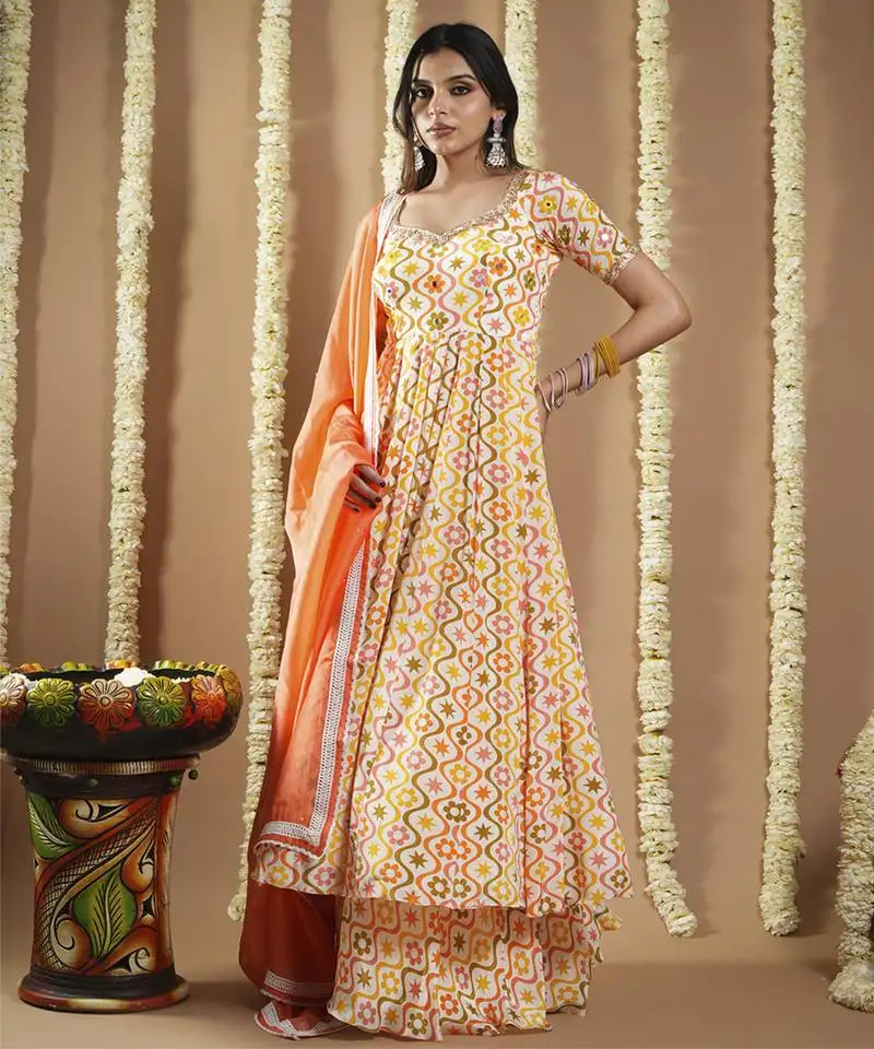 Orange printed anarkali set