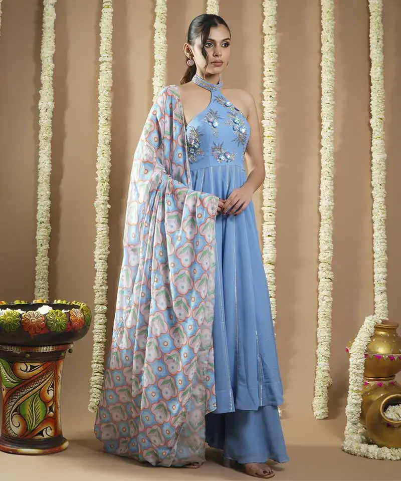 Blue georgette halter neck anarkali set