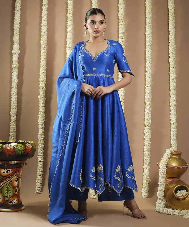 Royal blue silk cutwork anarkali set