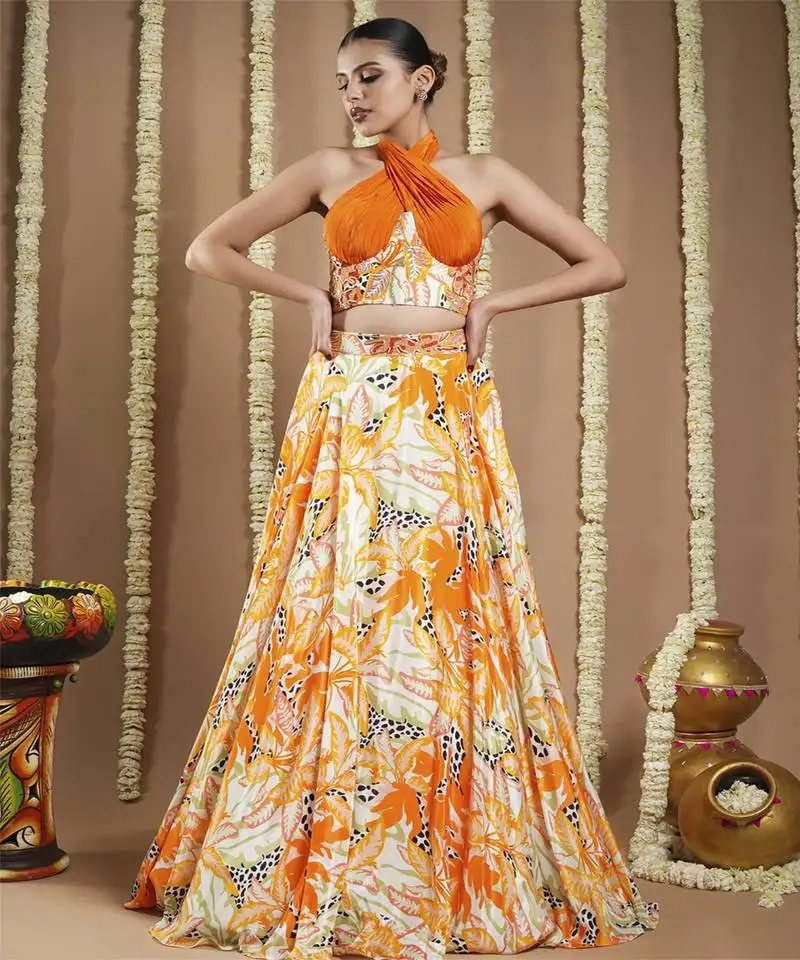 Forest orange printed corset drape indo lehenga set