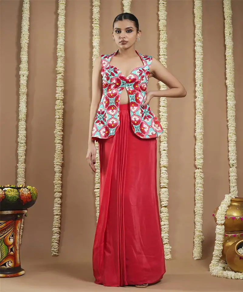 Red tile printed coat and drape skirt set