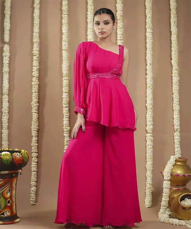 Hot pink georgette short a-line kurti with belt