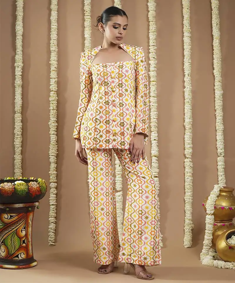 Off white multicolor printed coat & pant set