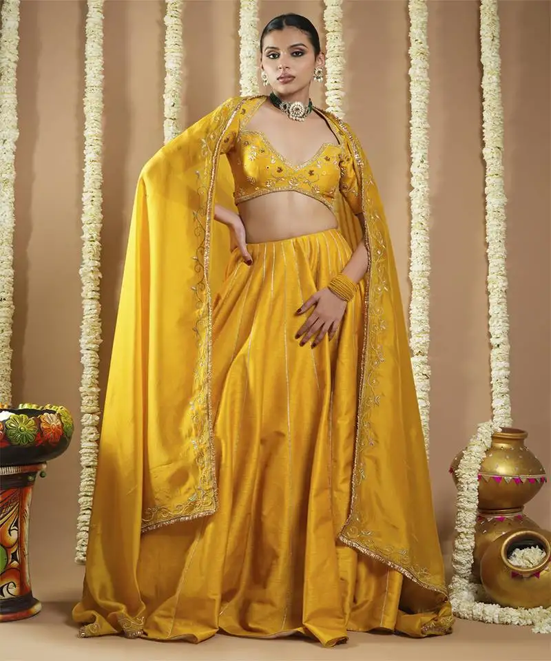 Mustard yellow heavy slub silk lehenga set