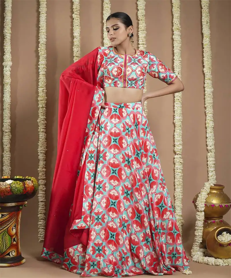 Red tile printed heavy lehenga set