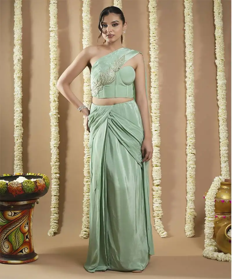 Mint green patchwork corset draped saree