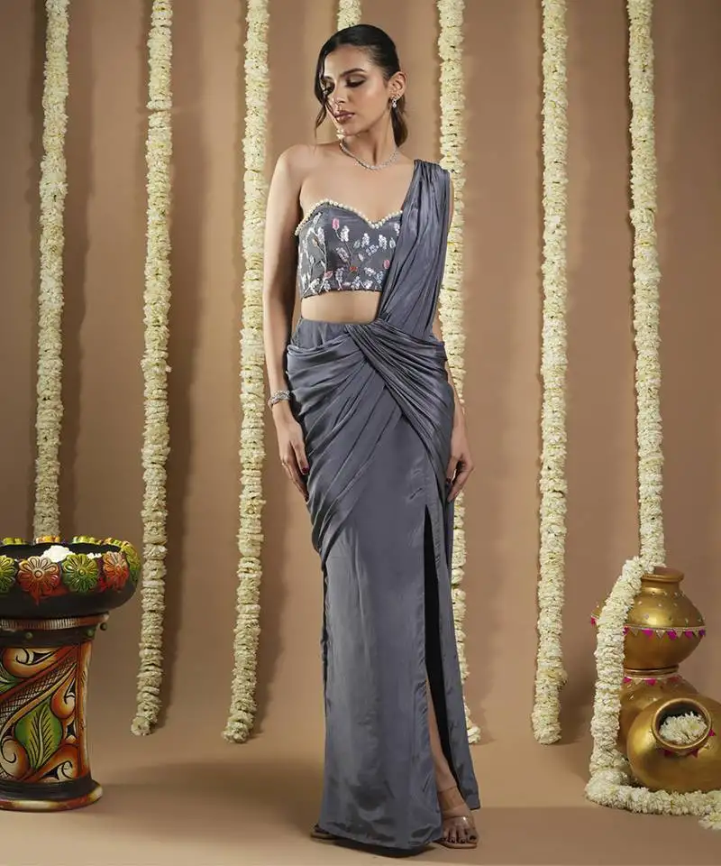 Grey ruched pre draped saree
