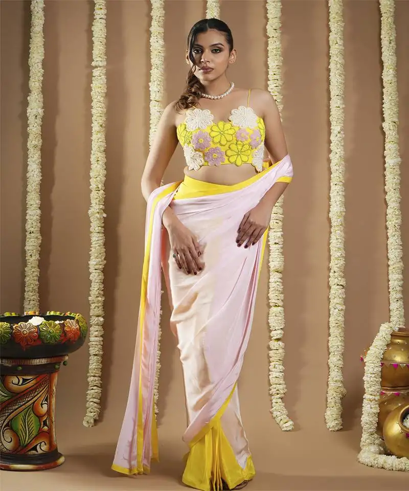 Yellow :: pink flower applique pre draped saree
