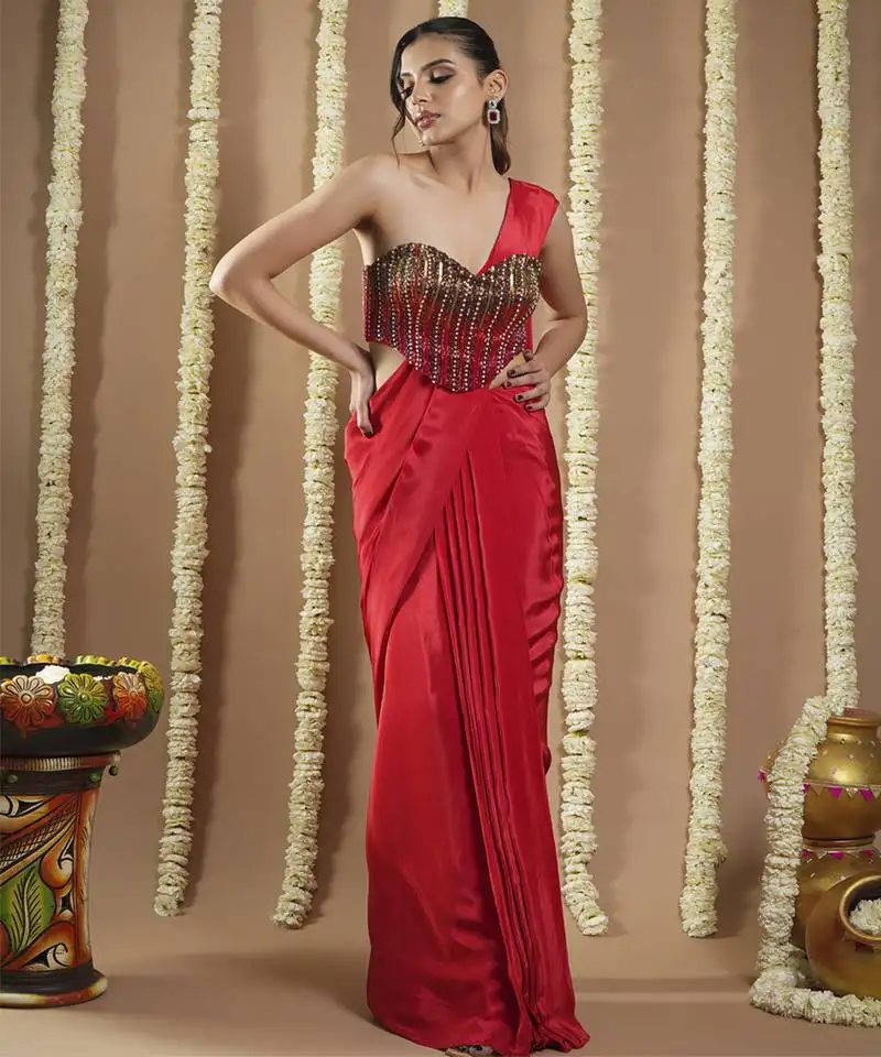 Hot red corset draped saree