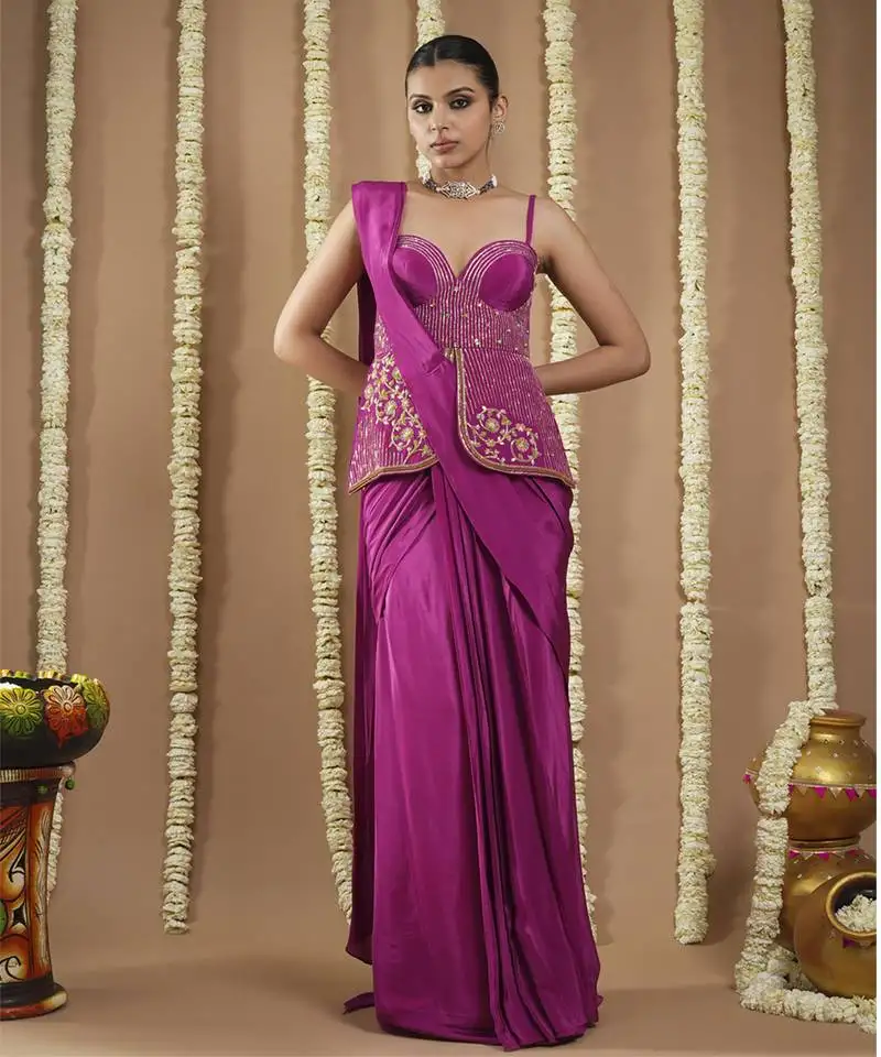 Grape wine long corset pre - draped saree