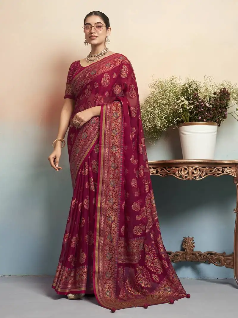 Maroon poly viscose georgette jacquard butta banarasi saree