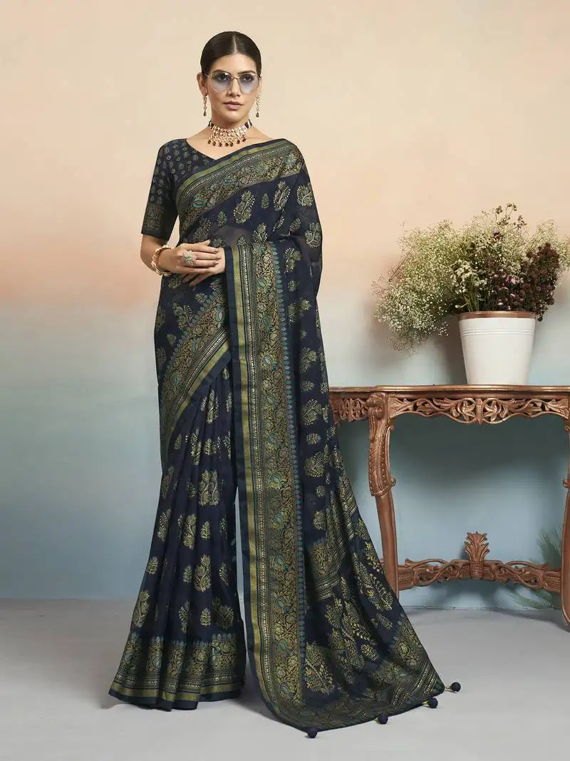 Navy blue poly viscose georgette jacquard butta banarasi saree