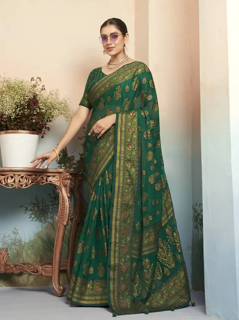 Green poly viscose georgette jacquard butta banarasi saree