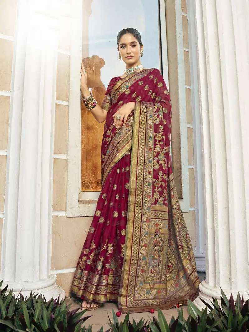 Maroon poly viscose georgette meenakari jaal banarasi saree