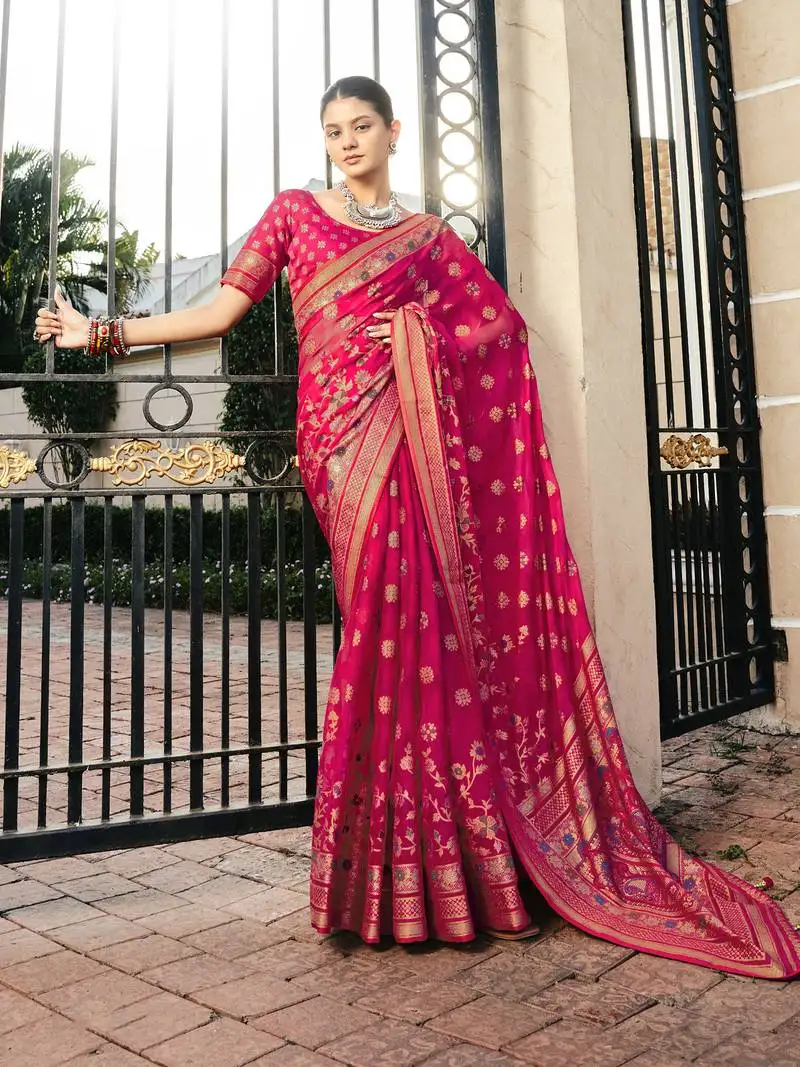 Pink poly viscose georgette meenakari jaal banarasi saree