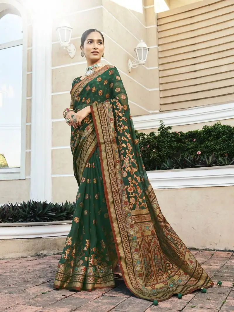Dark green poly viscose georgette meenakari jaal banarasi saree