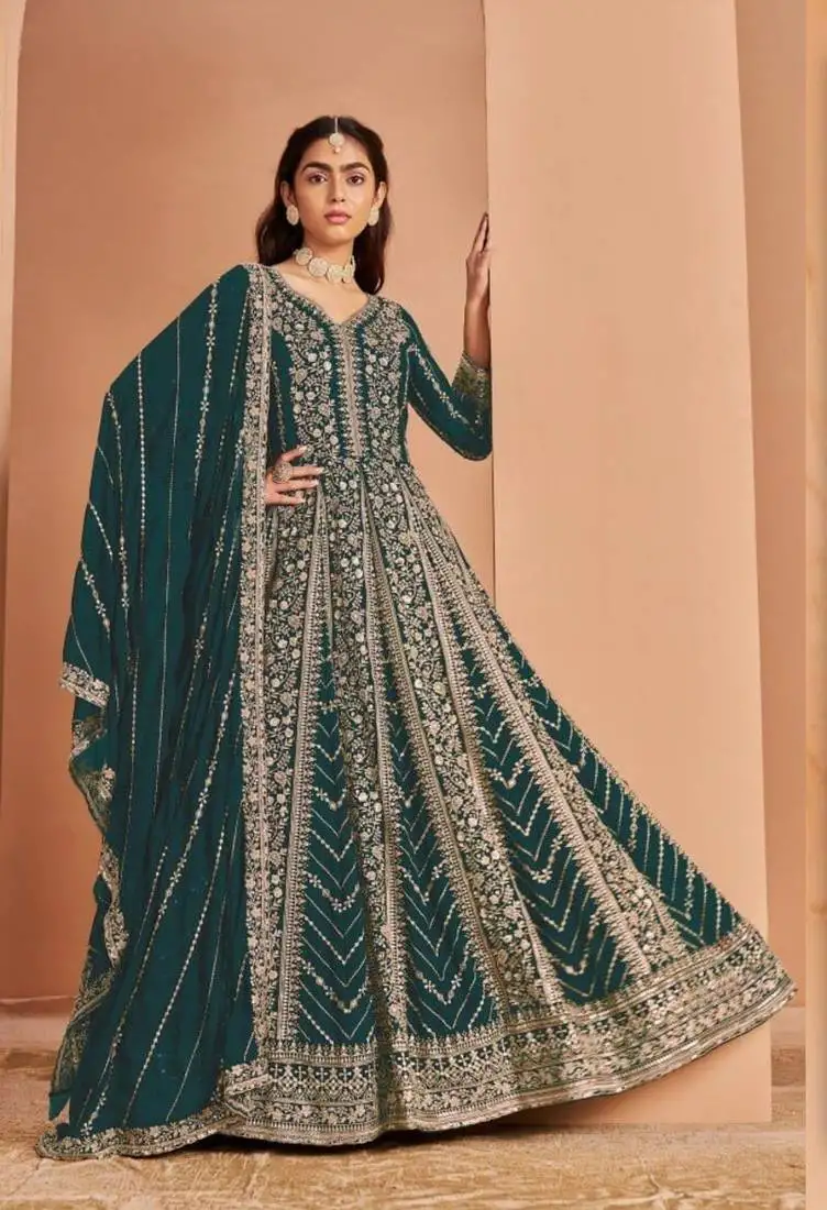 Teal georgette heavy embroidery semi stitched sequins work wedding gowns