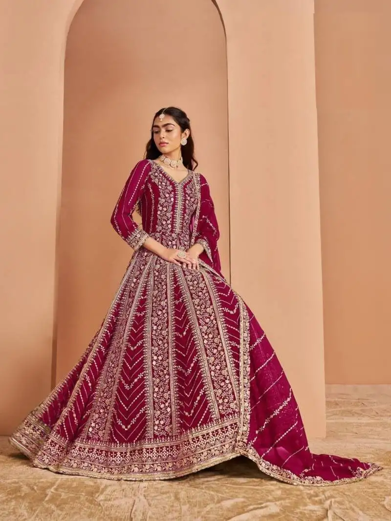 Rani pink georgette heavy embroidery semi stitched sequins work wedding gowns