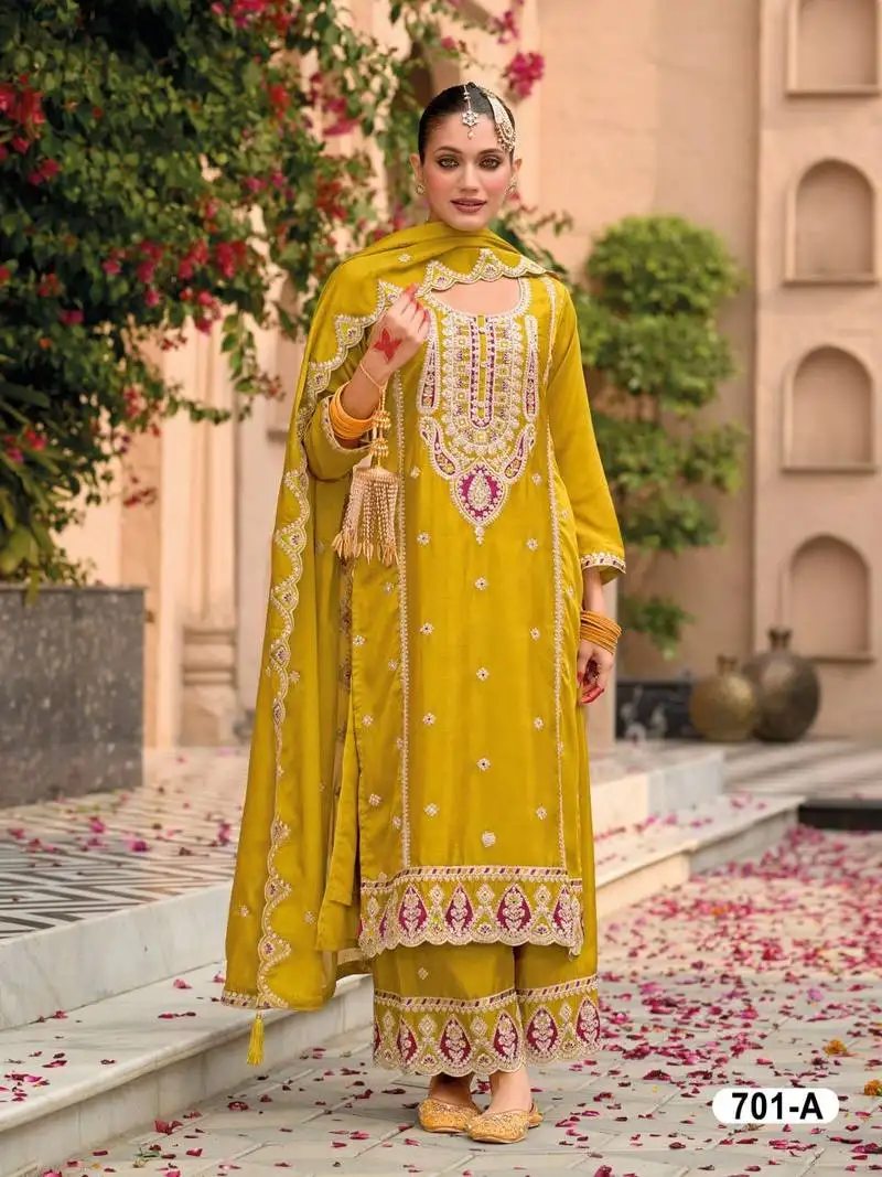 Yellow chinon heavy embroidery semi stitched wedding palazzo suits