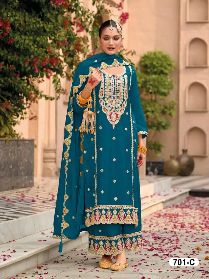 Teal chinon heavy embroidery semi stitched wedding palazzo suits