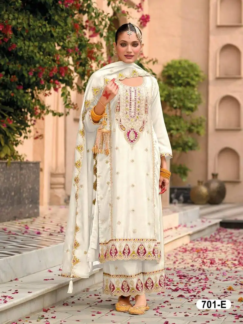 White chinon heavy embroidery semi stitched wedding palazzo suits