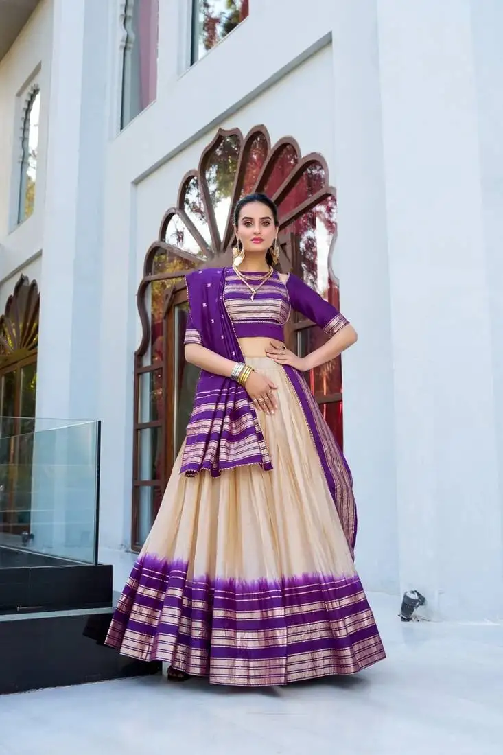 Offwhite chanderi with zari weaving border semi stitched lehenga choli