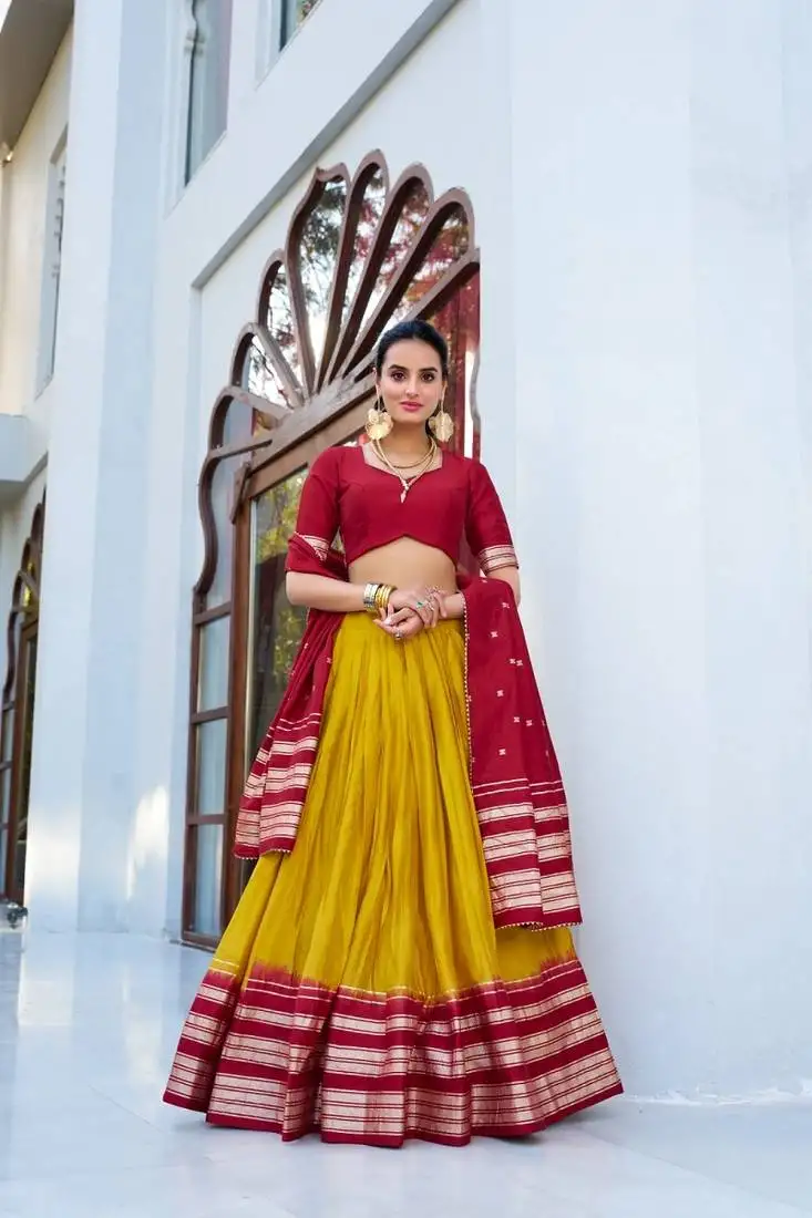 Yellow chanderi with zari weaving border semi stitched lehenga choli