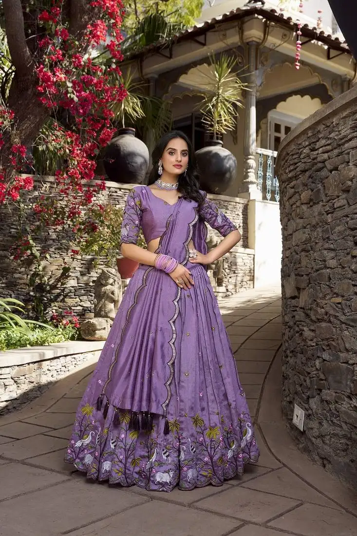 Lavender vichitra simmer sequins and thread embroidery semi stitched lehenga choli