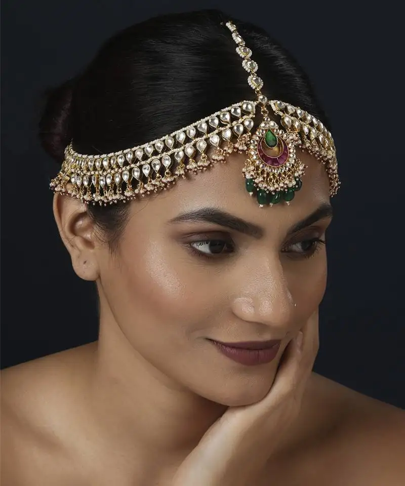 Green kundan maang tikka