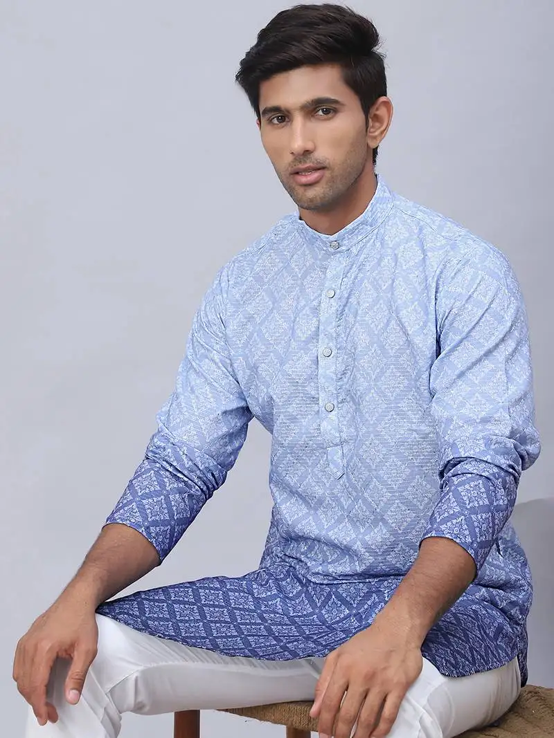 Blue printed cotton blend kurta pyjama set