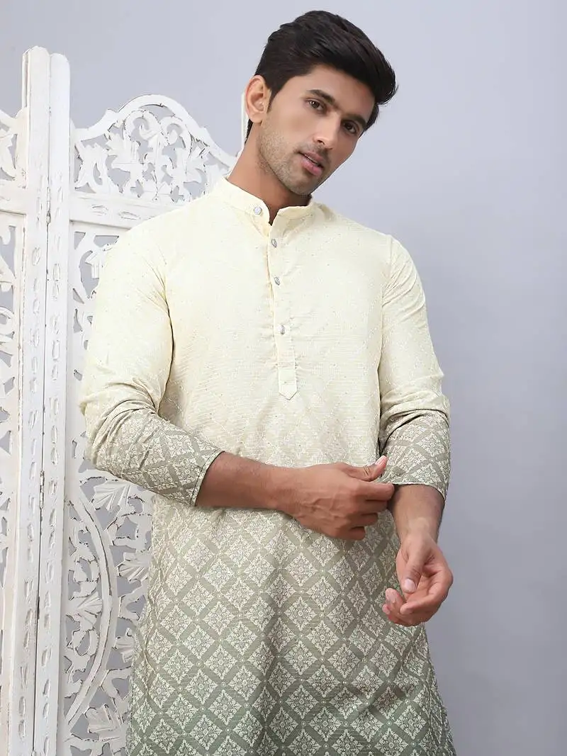 Yellow printed cotton blend kurta pyjama set