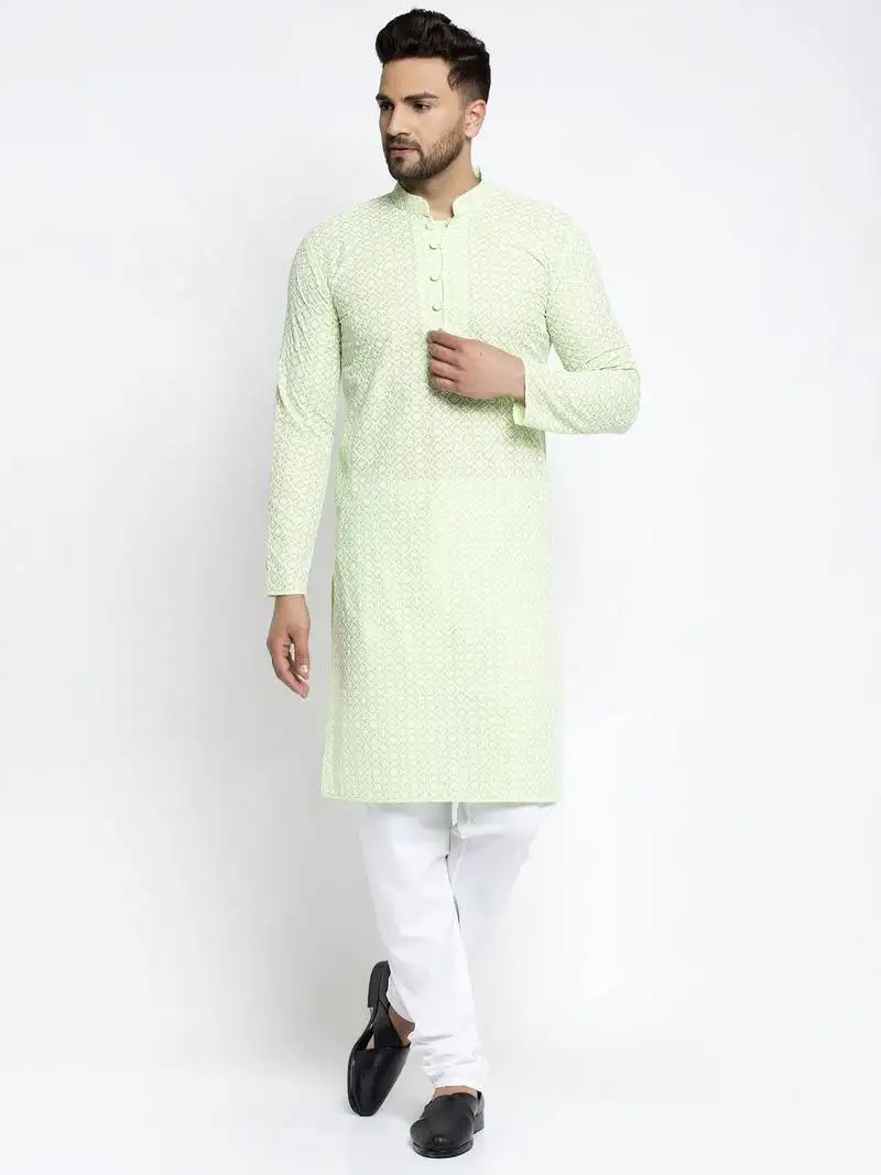 Green embellished cotton kurta pyjama set