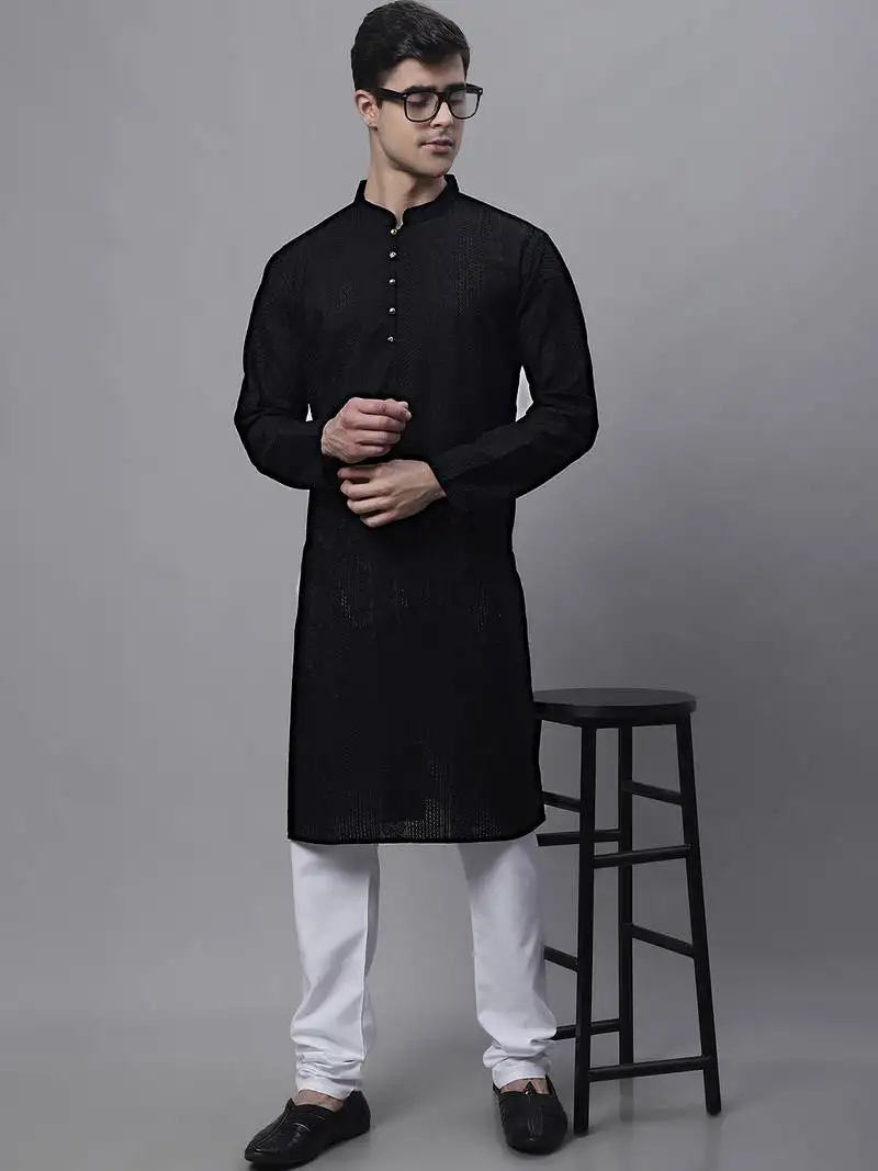 Black embroidery cotton kurta pyjama set