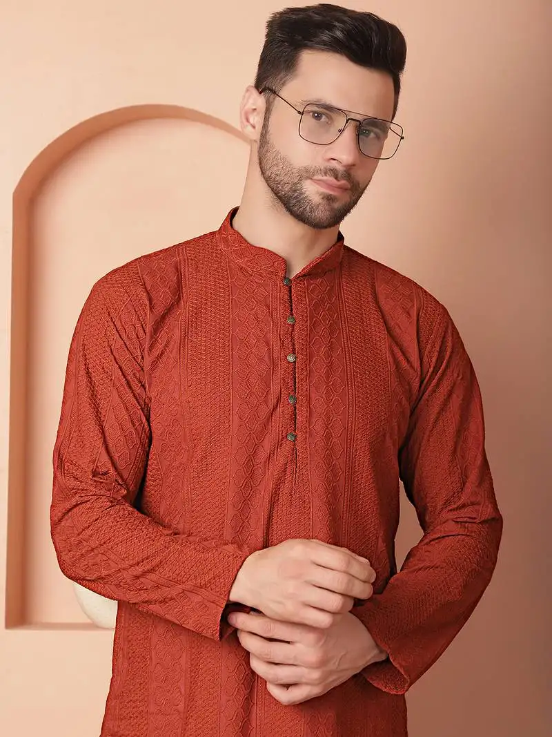 Brown embroidered pure cotton kurta pyjama set