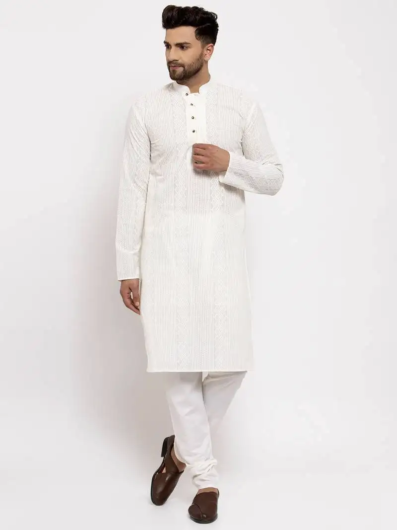 Cream embroidery cotton kurta pyjama set