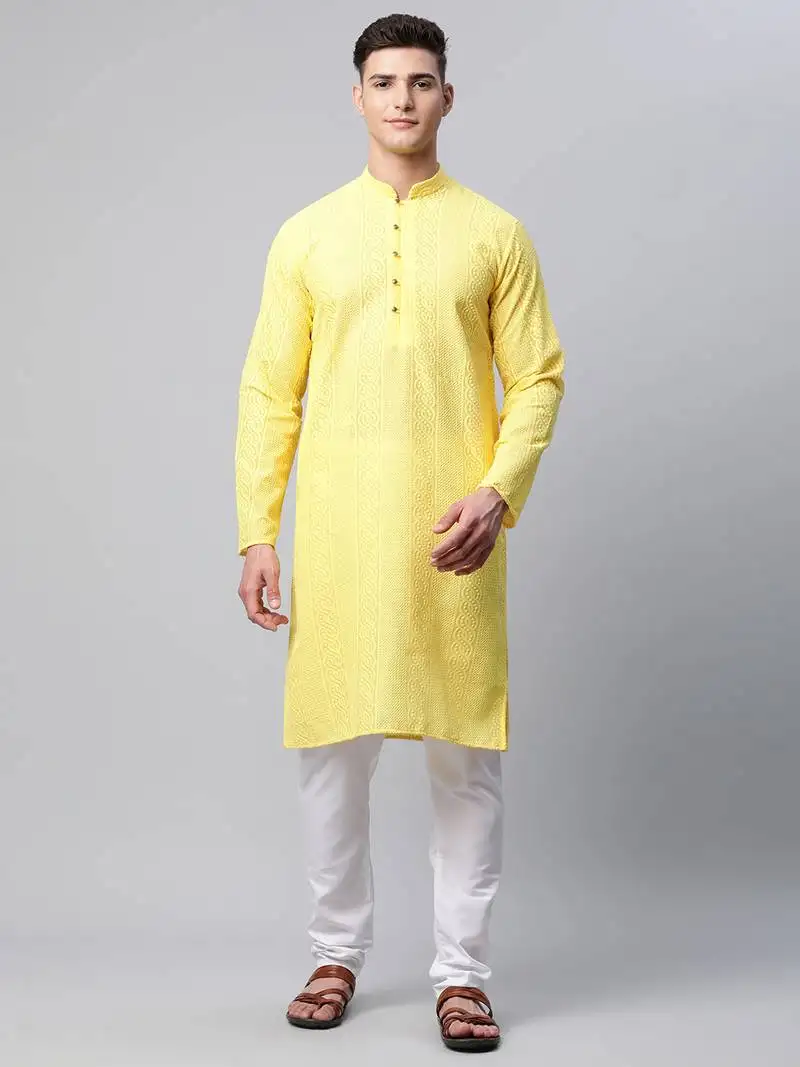 Lemon embroidery cotton kurta pyjama set