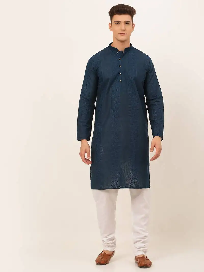 Teal blue embroidery cotton kurta pyjama set