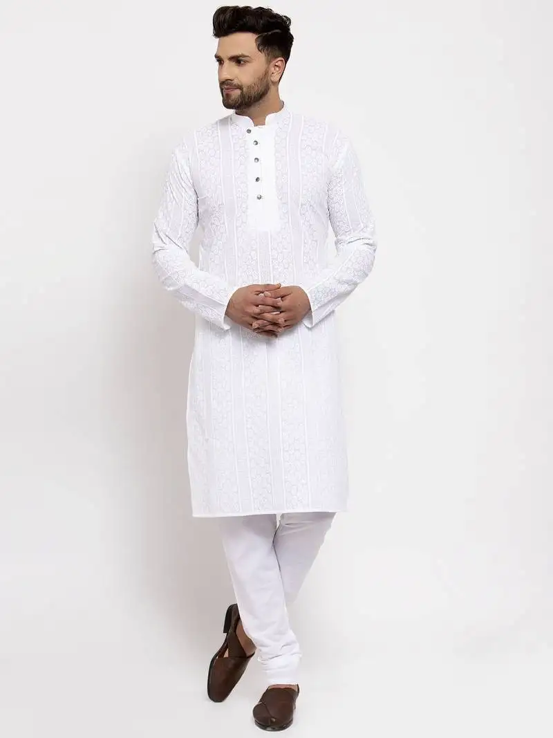 White embroidery cotton kurta pyjama set