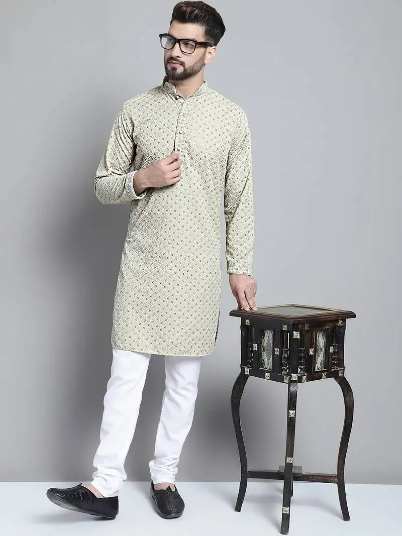 Beige embroidered pure cotton kurta pyjama set