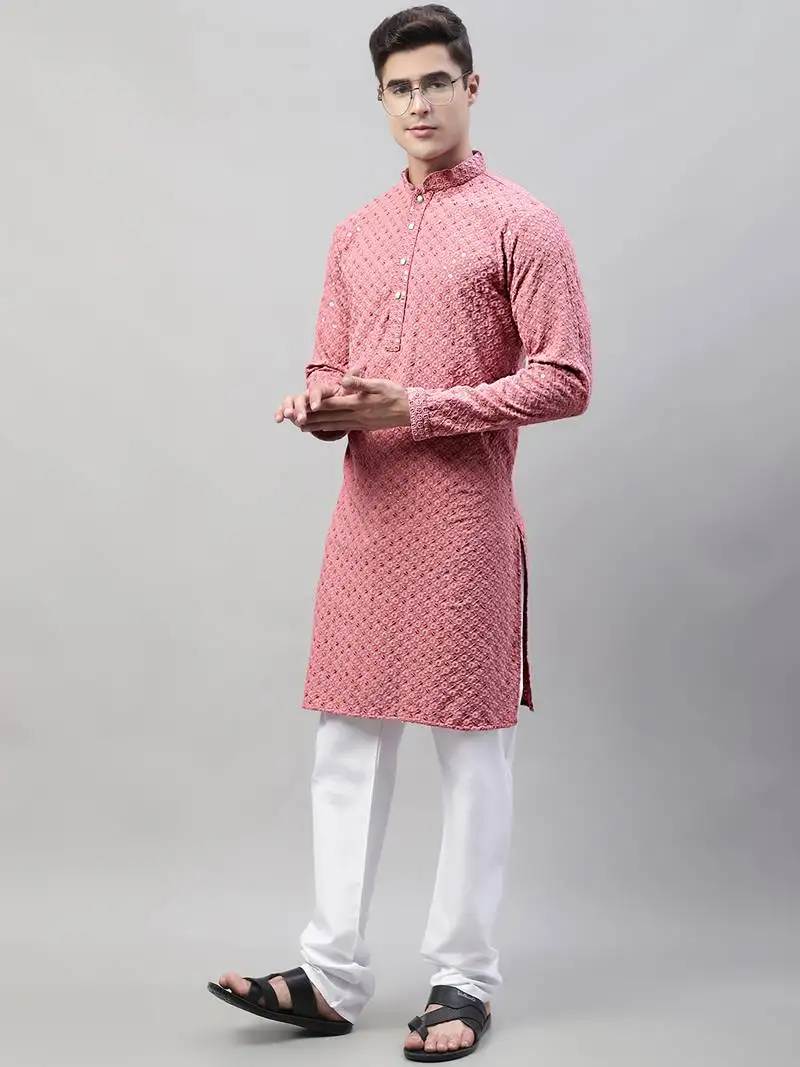 Coral embroidered pure cotton kurta pyjama set