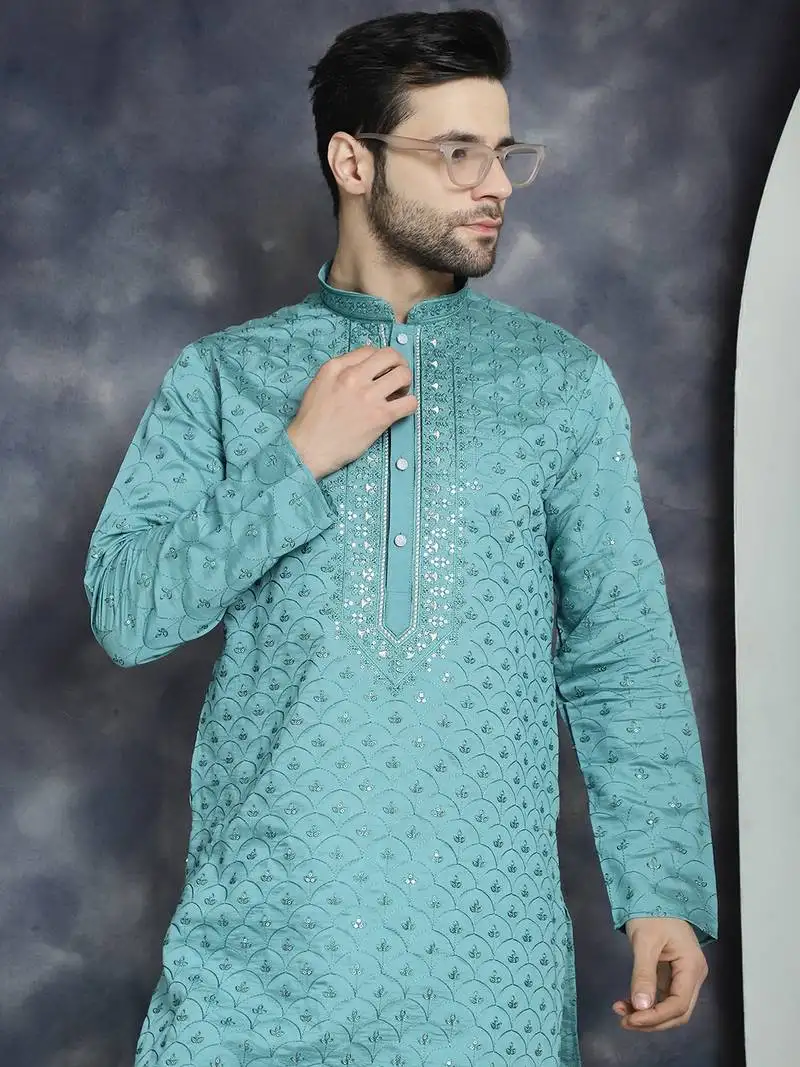 Blue embroidered silk blend kurta pyjama set