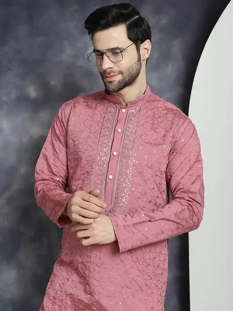 Coral embroidered silk blend kurta pyjama set