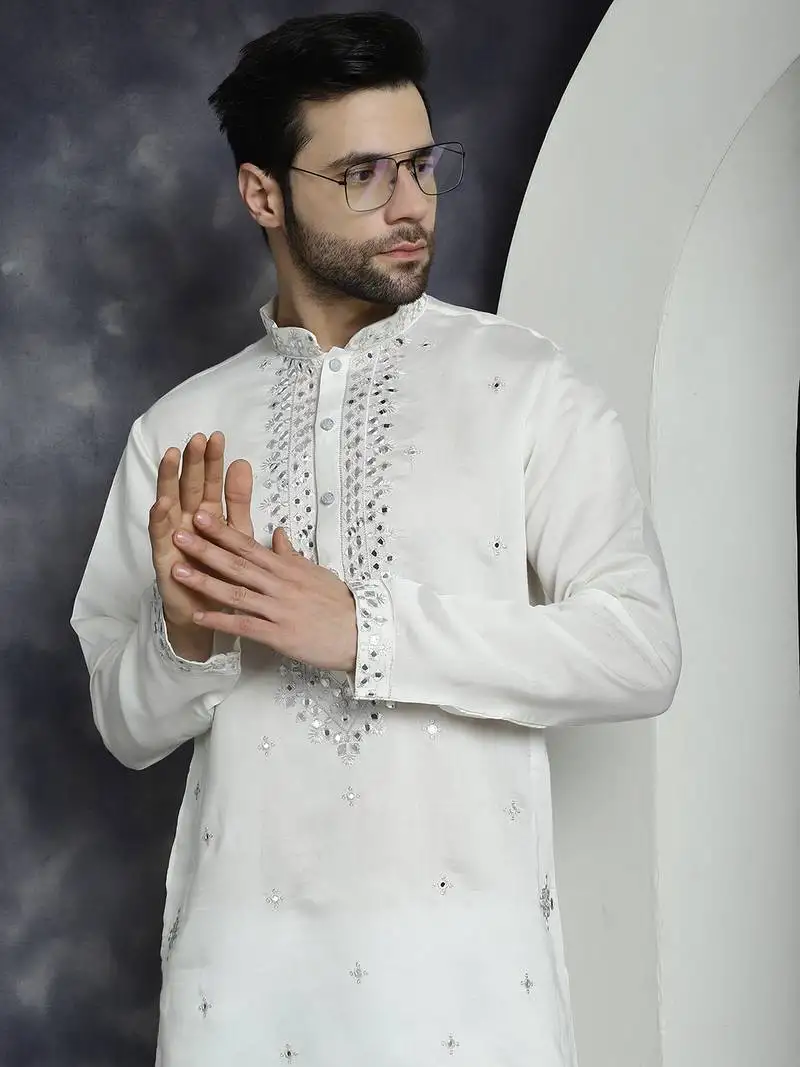 White embroidered silk blend kurta pyjama set