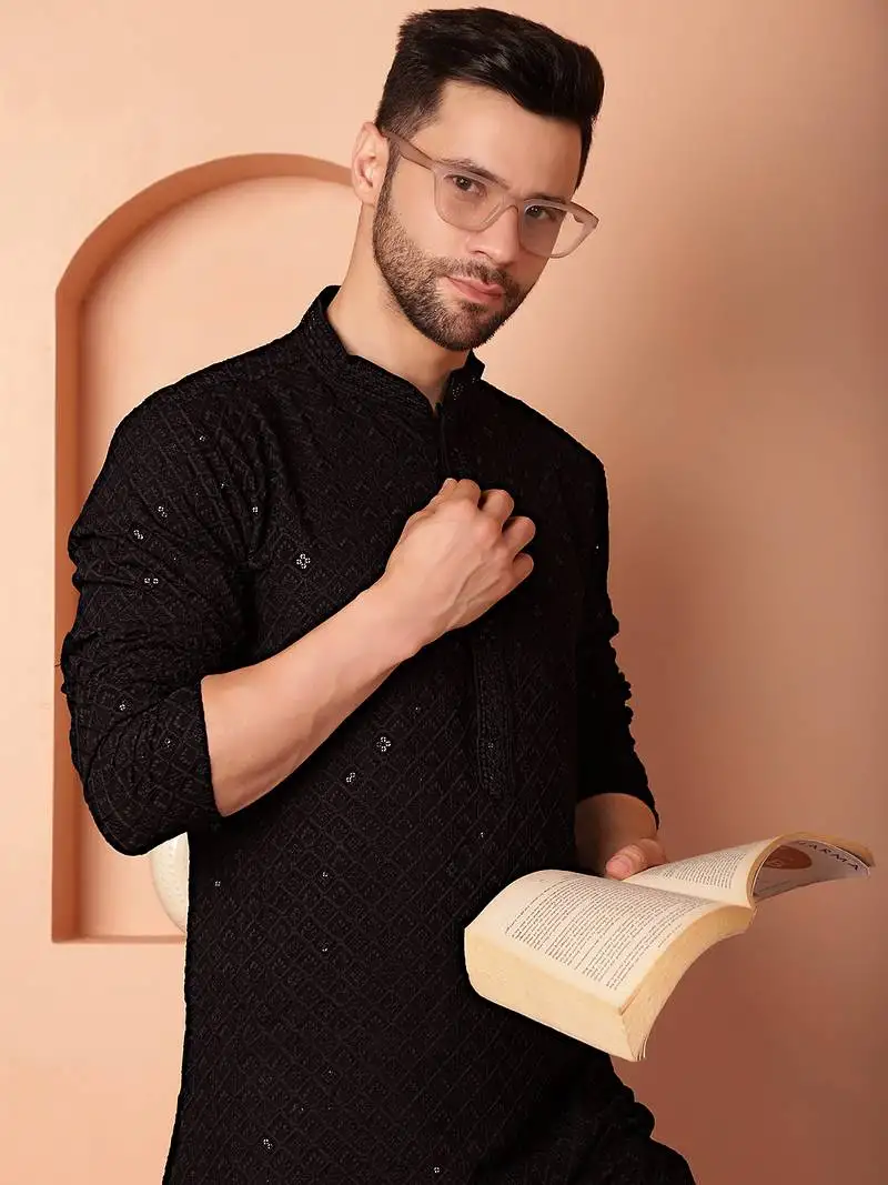 Black embroidered viscose rayon kurta pyjama set