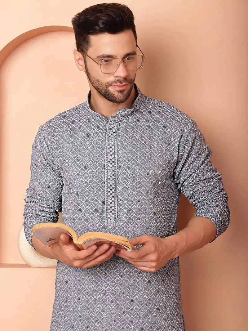 Grey embroidered rayon kurta pyjama set