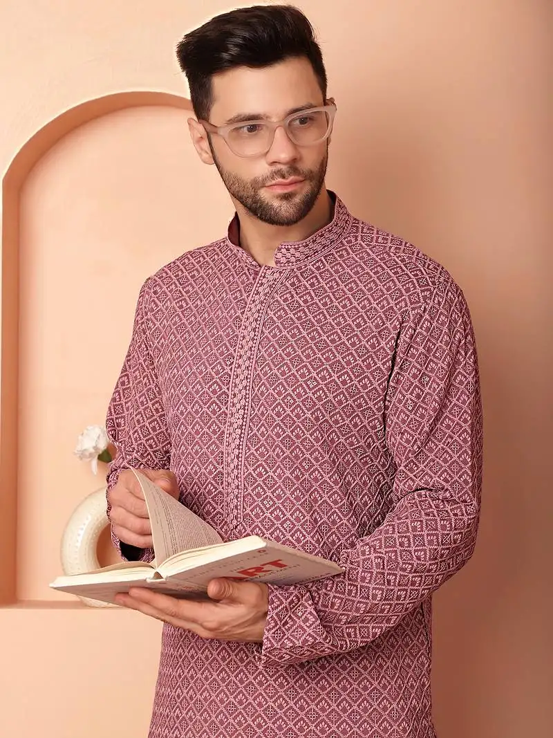 Magenta embroidered rayon kurta pyjama set