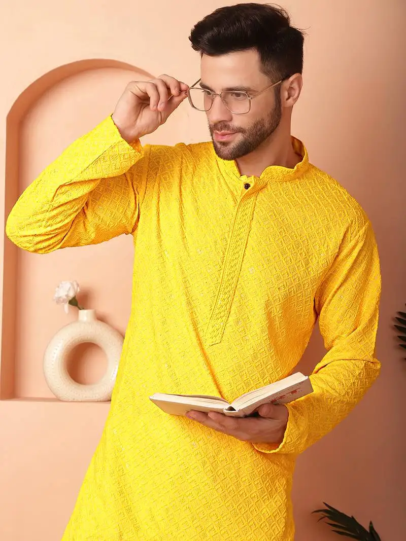 Yellow embroidery rayon kurta pyjama set