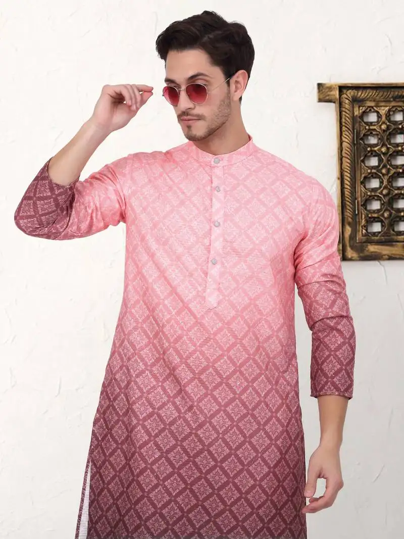 Coral printed cotton blend kurta pyjama set