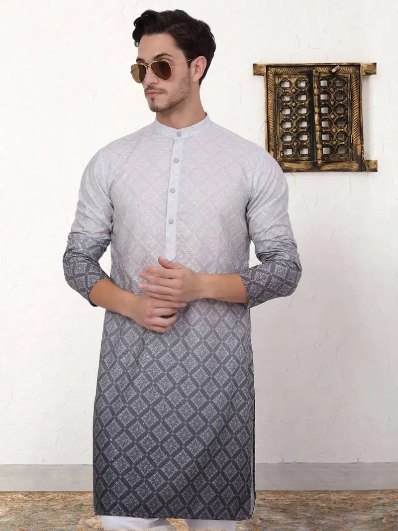 Grey printed cotton blend kurta pyjama set
